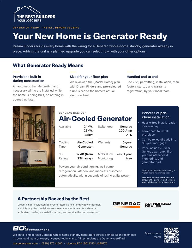 Flyer: Your New Home is Generator Ready with air-cooled generator specs